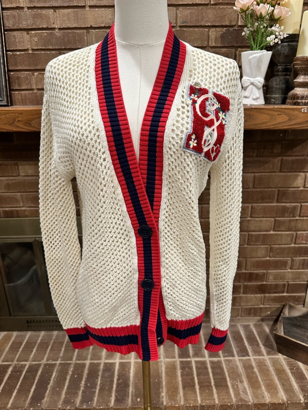 Gigi Hadid x Tommy Hilfiger Open Mesh Knit Varsity Patch Cardigan XS
